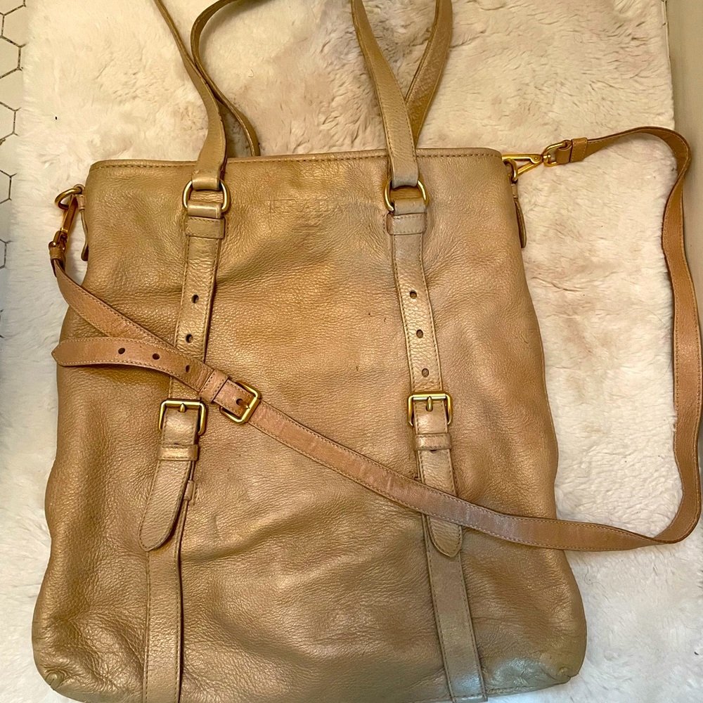 Prada Lux Vitello Cervo  Light Brown Deerskin Leather Buckle Tote Bag